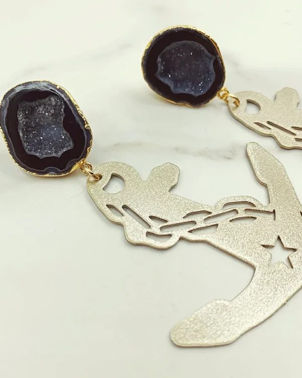 Vanderbilt Gold Tone Anchor Earrings with Black Geode-Brianna Cannon New