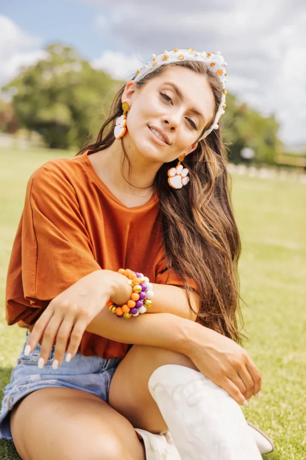 White and Orange Clemson Paw Earrings-Brianna Cannon Sale