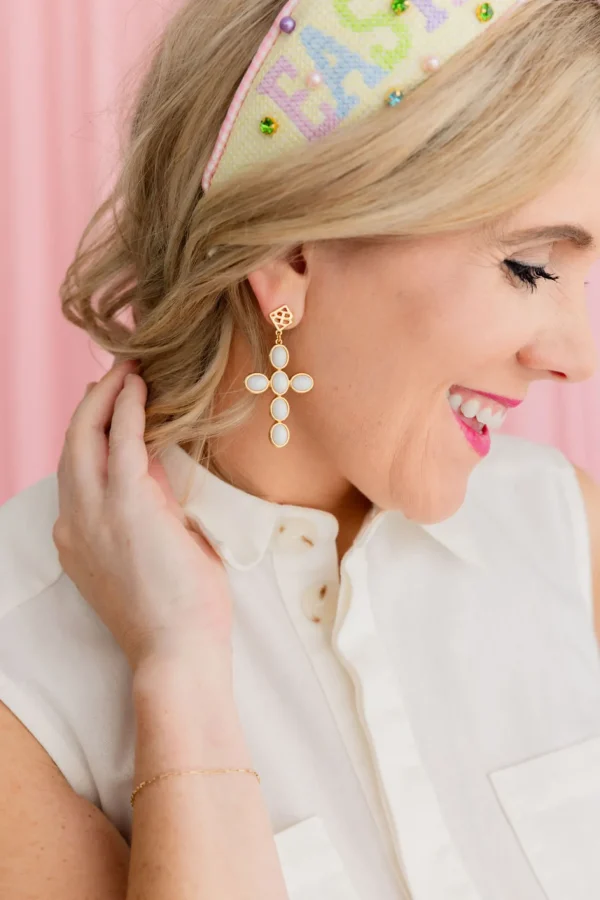 White Cabochon Cross Earrings with White Beads-Brianna Cannon Discount