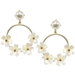 White Pearl Flower Drop Hoop Earrings-Brianna Cannon Clearance