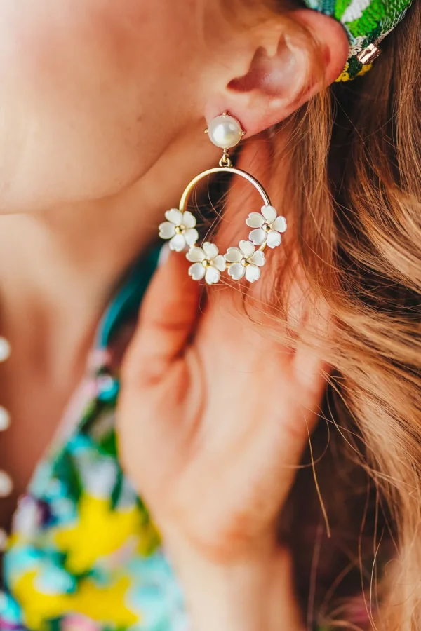 White Pearl Flower Drop Hoop Earrings-Brianna Cannon Clearance