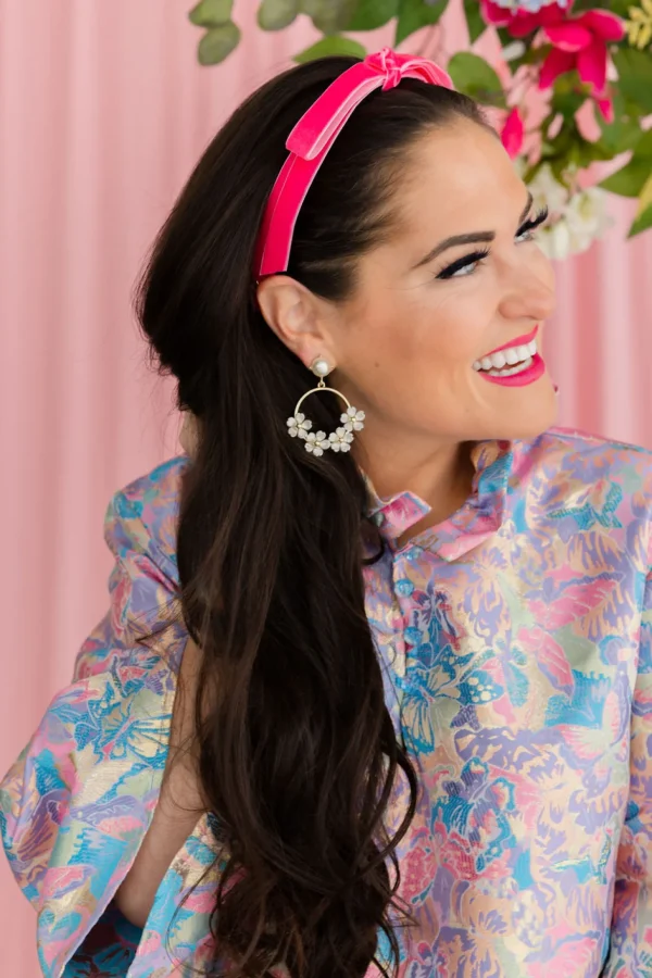 White Pearl Flower Drop Hoop Earrings-Brianna Cannon Clearance