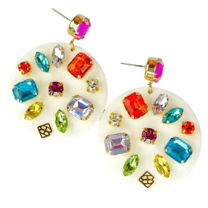White Round Drop Earrings with Rainbow Crystals-Brianna Cannon Outlet
