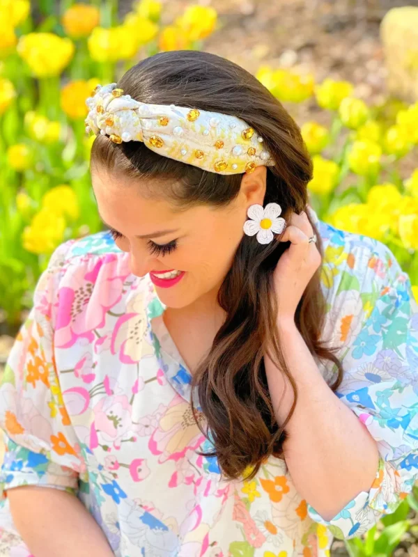 Yellow Jacquard Metallic Headband with Crystals and Pearls-Brianna Cannon Sale